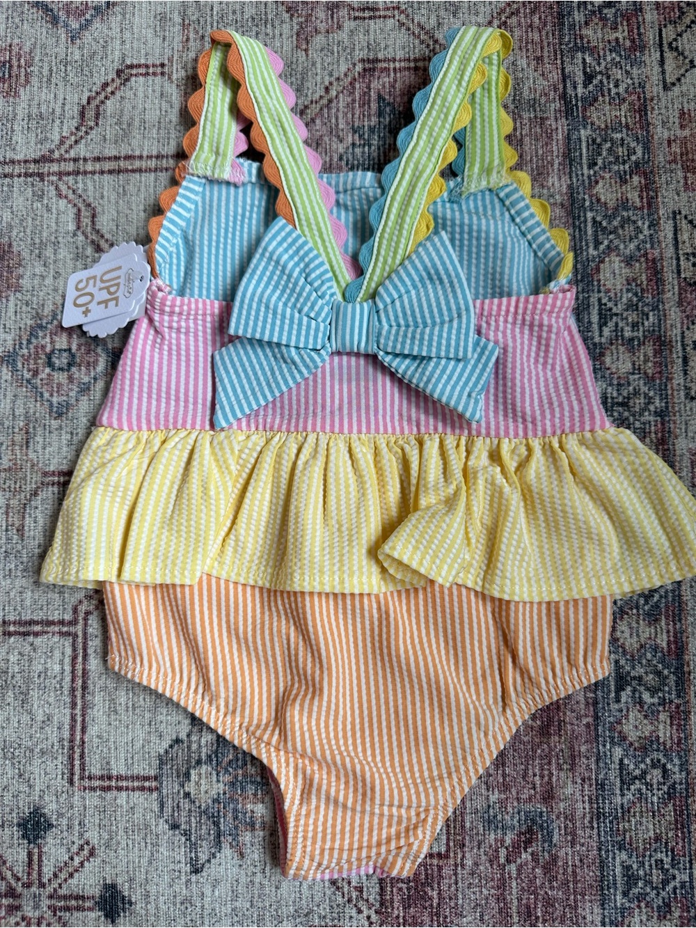 Mud Pie seersucker stripe ruffle one piece swimsuit with bow - 3T
